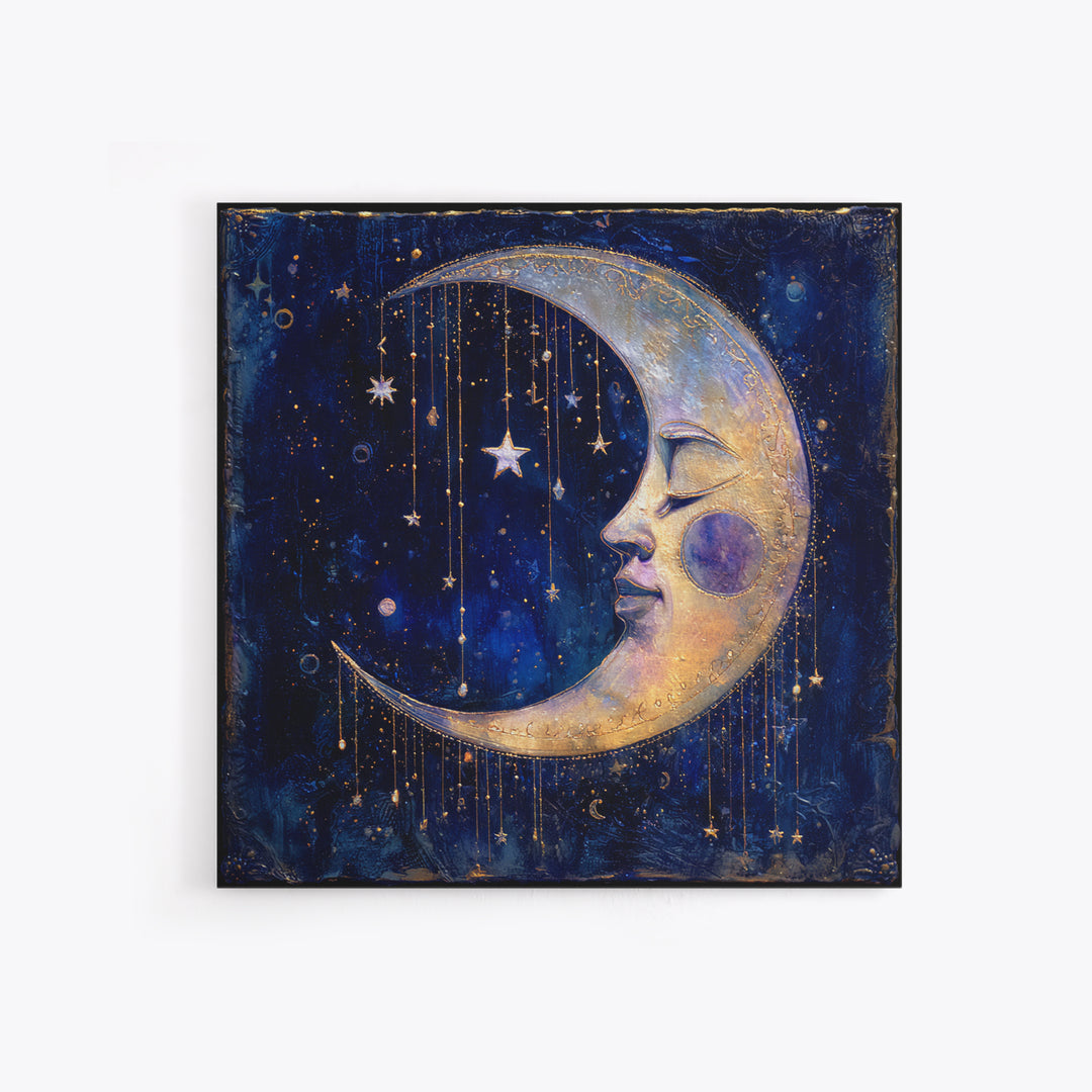 Moon with Sleeping Face and Dangling Stars Framed Canvas Print, Whimsical Art, Printable Art, Living Room Decor, Wonder, WHI-1x1-16