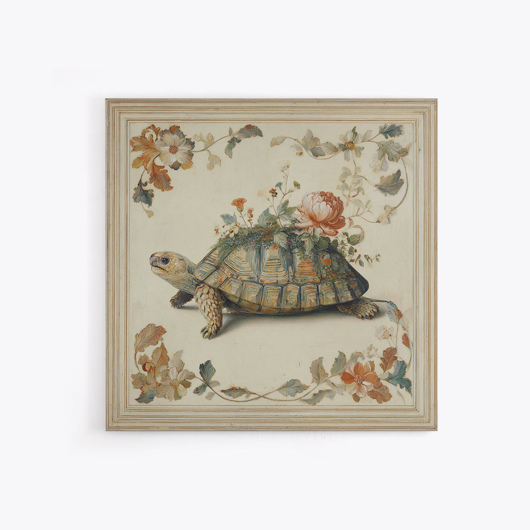 Turtle with Garden Growing on Shell Canvas Print, Whimsical Art, Dopamine Decor, Living Room Decor, Fine Art, Wonder, WHI-1x1-22