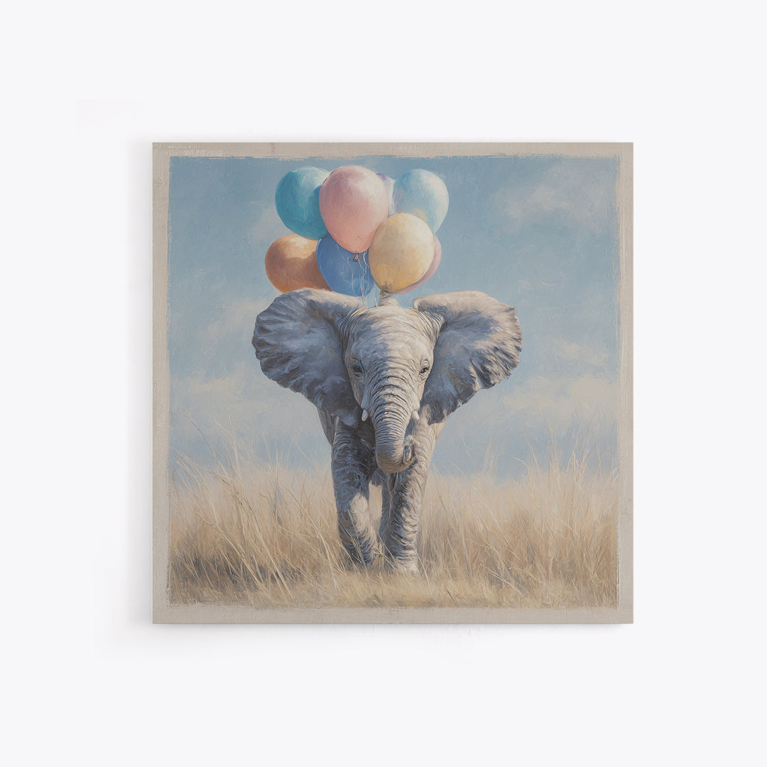 Elephant Holding Balloons Framed Canvas Print, Whimsical Art, Nursery, Living Room Decor, Fine Art, Wonder, Watercolor Art, WHI-1x1-27