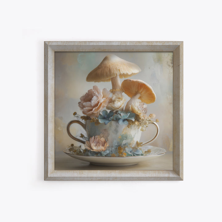 Teacup Garden with Tiny Mushrooms Framed Canvas Print, Whimsical Art, Printable Wall Art, Living Room Decor, Fine Art, Wonder, WHI-1x1-28