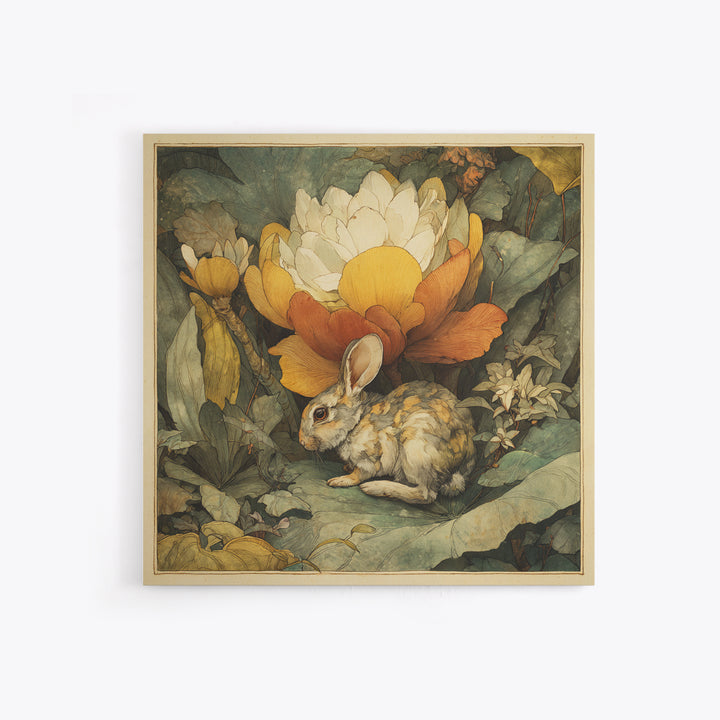 Rabbit Reading Beneath a Giant Flower Framed Canvas Print, Whimsical Art, Textured Painting, Living Room Decor, Wonder, WHI-1x1-29