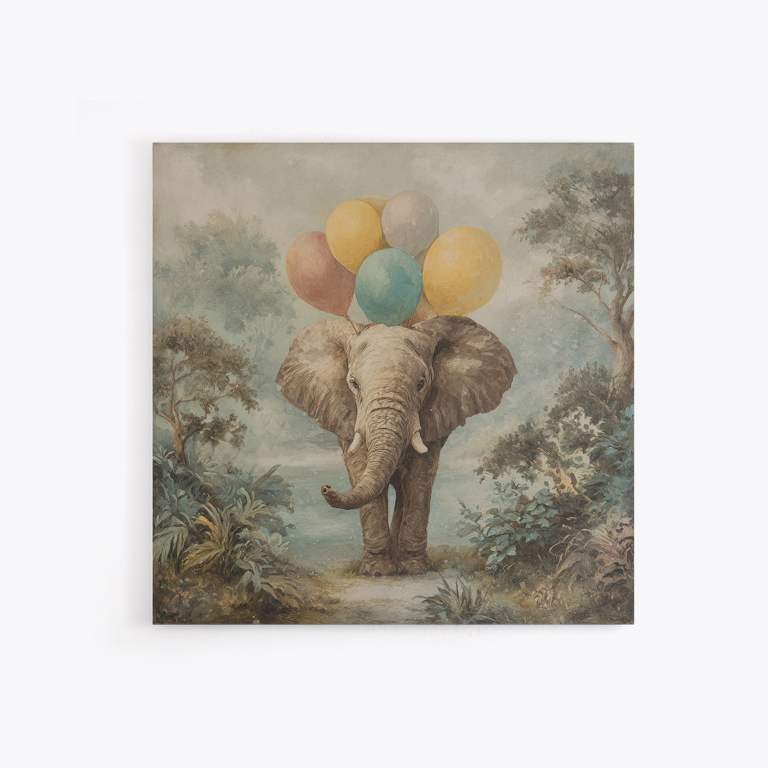 Elephant Holding Balloons Canvas Print, Whimsical Art, Art Nouveau, Living Room Decor, Abstract Art, Wonder, Nursery Wall Decor, WHI-1x1-3