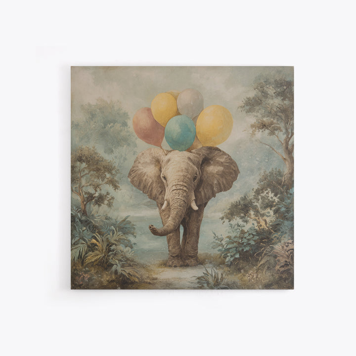 Elephant Holding Balloons Canvas Print, Whimsical Art, Art Nouveau, Living Room Decor, Abstract Art, Wonder, Nursery Wall Decor, WHI-1x1-3
