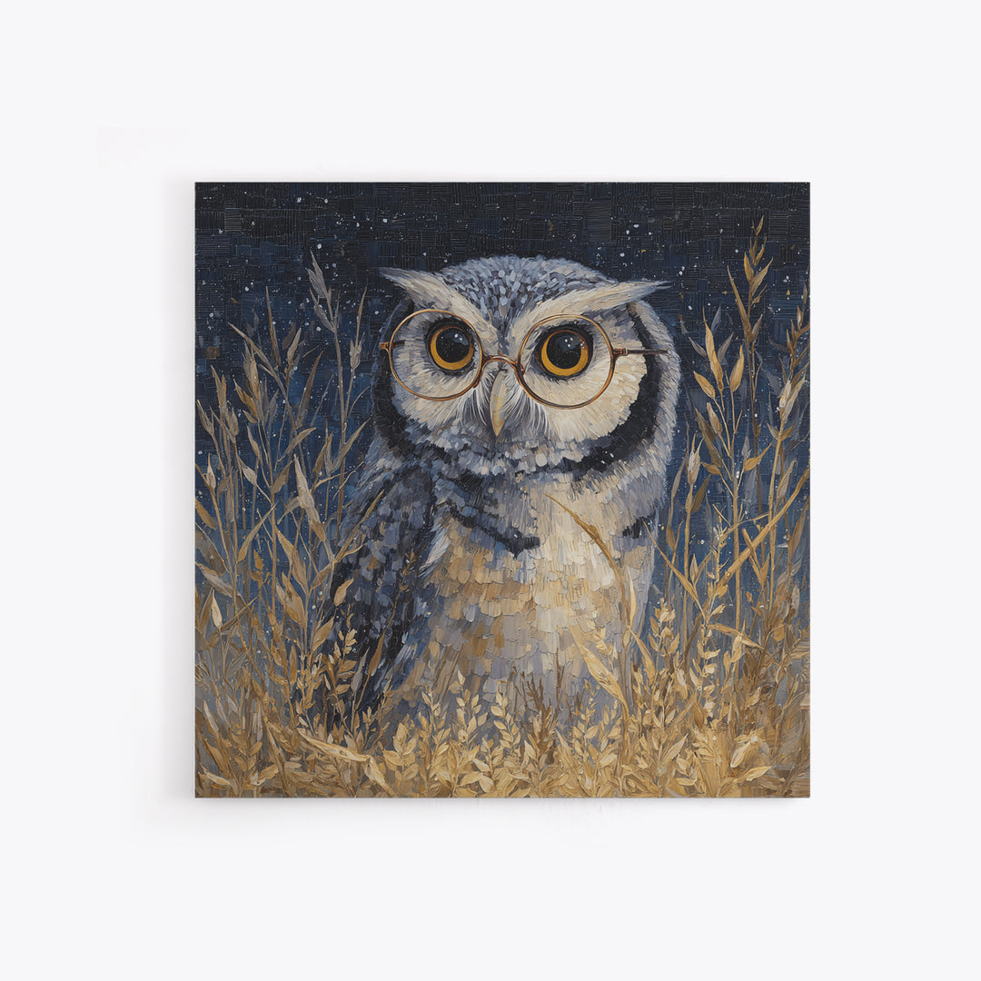 Owl Wearing Spectacles Among Stars Canvas Print, Whimsical Art, Nursery Prints, Living Room Decor, Oil Painting, Wonder, WHI-1x1-30