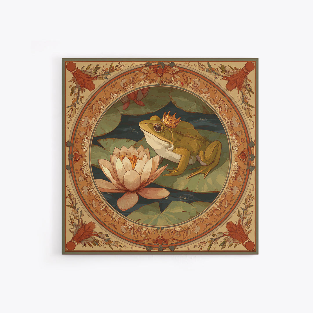 Frog Prince on a Lily Pad Framed Canvas Print, Whimsical Art, Gallery Decor, Living Room Decor, Fine Art, Wonder, Wall Art, WHI-1x1-32