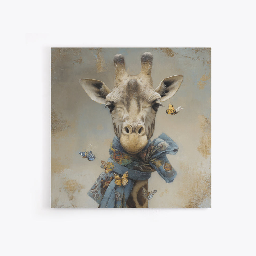 Giraffe with Scarf and Butterflies Framed Canvas Print, Whimsical Art, Watercolor Art, Living Room Decor, Wonder, WHI-1x1-34