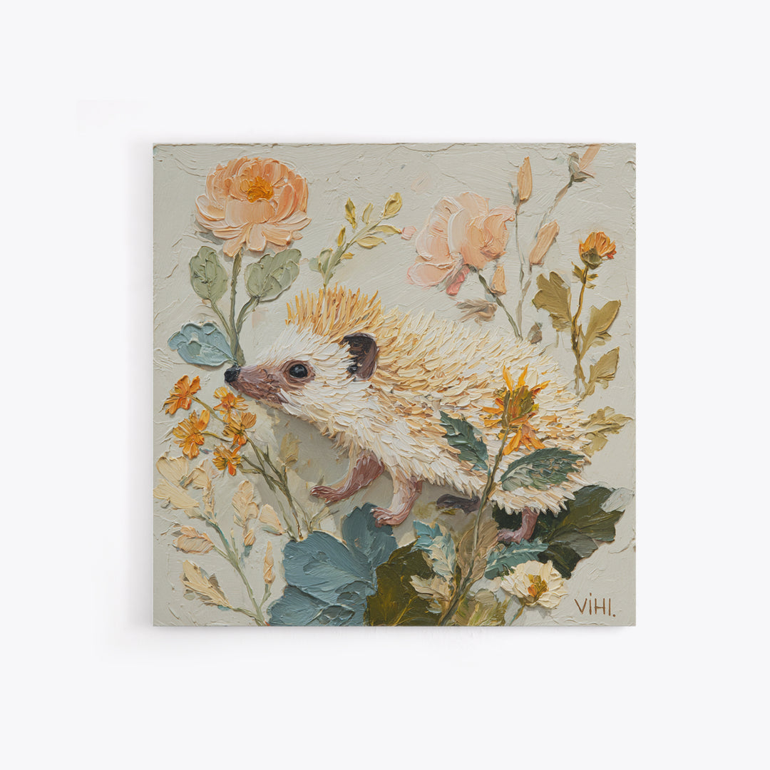 Hedgehog Carrying Wildflowers Framed Canvas Print, Whimsical Art, Dark Academia Decor, Living Room Decor, Fine Art, Wonder, WHI-1x1-39