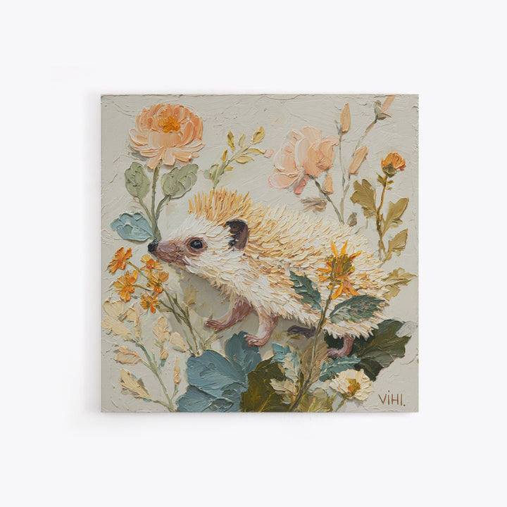Hedgehog Carrying Wildflowers Framed Canvas Print, Whimsical Art, Dark Academia Decor, Living Room Decor, Fine Art, Wonder, WHI-1x1-39