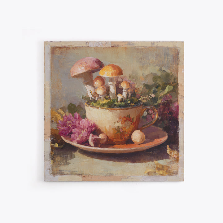 Teacup Garden with Tiny Mushrooms Canvas Print, Whimsical Art, Home Decor, Living Room Decor, Fine Art, Wonder, Digital Print, WHI-1x1-4