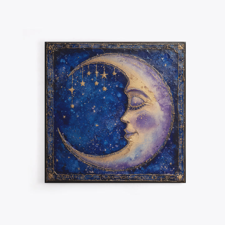 Moon with Sleeping Face and Dangling Stars Framed Canvas Print, Whimsical Art, Room Decor, Living Room Decor, Oil Painting, WHI-1x1-40