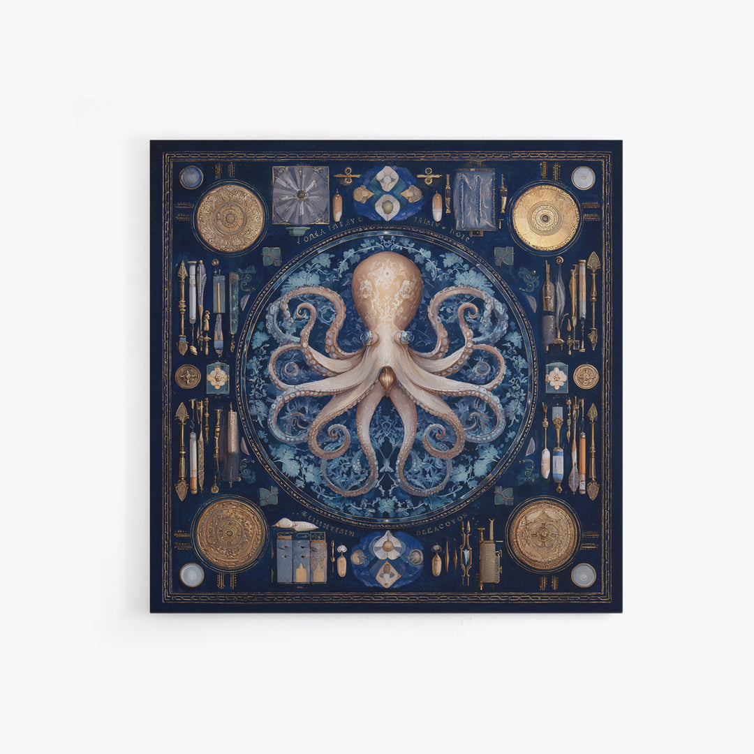Octopus Conductor with Tiny Instruments Framed Canvas Print, Whimsical Art, Bird Art, Living Room Decor, Abstract Art, Wonder, WHI-1x1-42