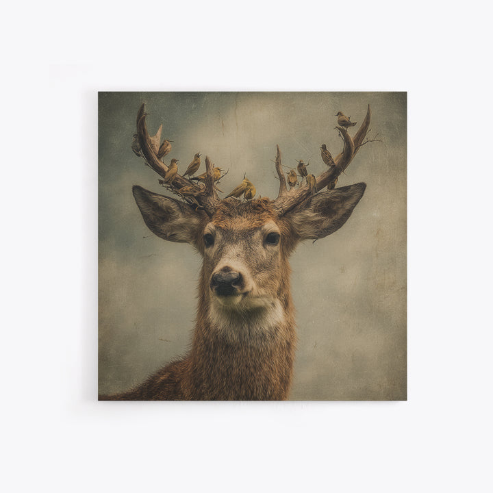 Deer with Antlers Full of Birds Framed Canvas Print, Whimsical Art, Dopamine Decor, Living Room Decor, Oil Painting, Wonder, WHI-1x1-43