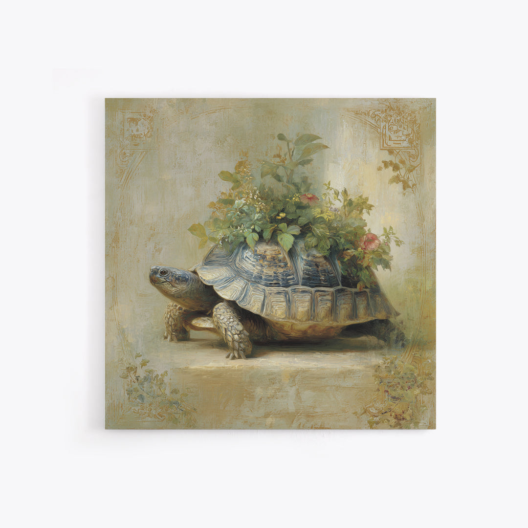 Turtle with Garden Growing on Shell Framed Canvas Print, Whimsical Art, Nursery Art, Living Room Decor, Oil Painting, Wonder, WHI-1x1-46