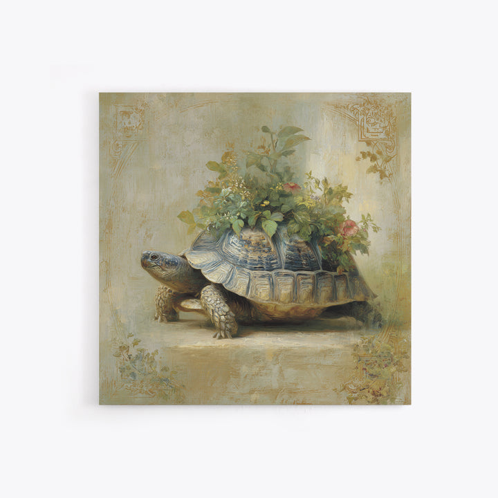 Turtle with Garden Growing on Shell Framed Canvas Print, Whimsical Art, Nursery Art, Living Room Decor, Oil Painting, Wonder, WHI-1x1-46