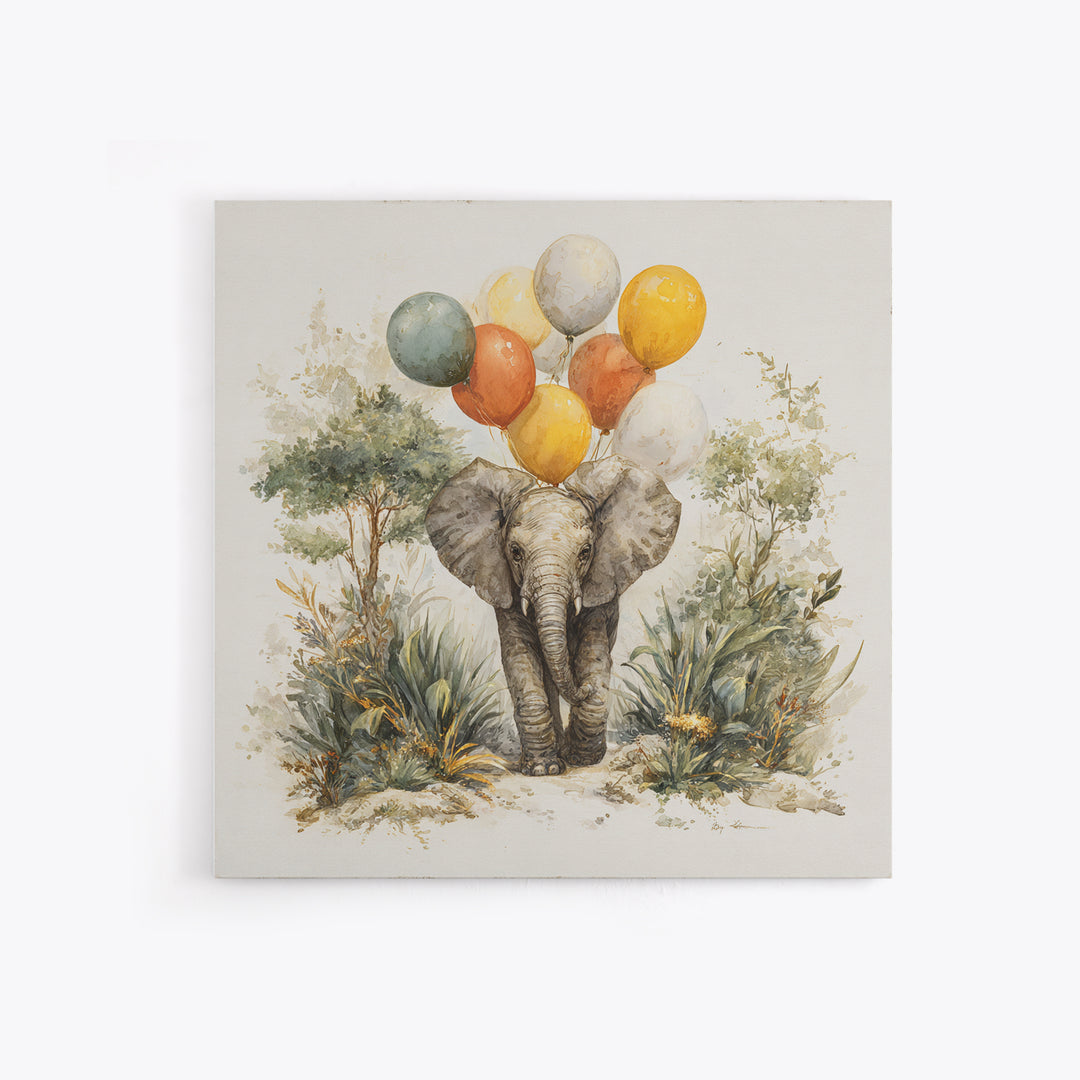 Elephant Holding Balloons Framed Canvas Print, Whimsical Art, Nursery Prints, Living Room Decor, Oil Painting, Wonder, WHI-1x1-51