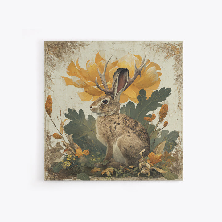 Rabbit Reading Beneath a Giant Flower Framed Canvas Print, Whimsical Art, Textured Painting, Living Room Decor, Wonder, WHI-1x1-53