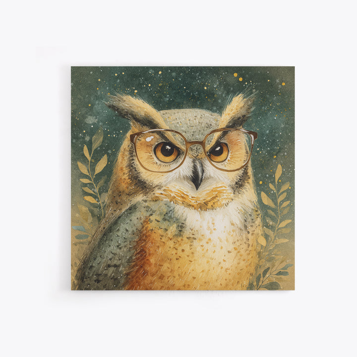 Owl Wearing Spectacles Among Stars Canvas Print, Whimsical Art, Nursery Prints, Living Room Decor, Oil Painting, Wonder, WHI-1x1-54