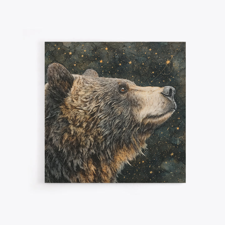 Bear Painting Stars Onto the Night Sky Framed Canvas Print, Whimsical Art, Living Room Decor, Abstract Art, Wonder, WHI-1x1-57