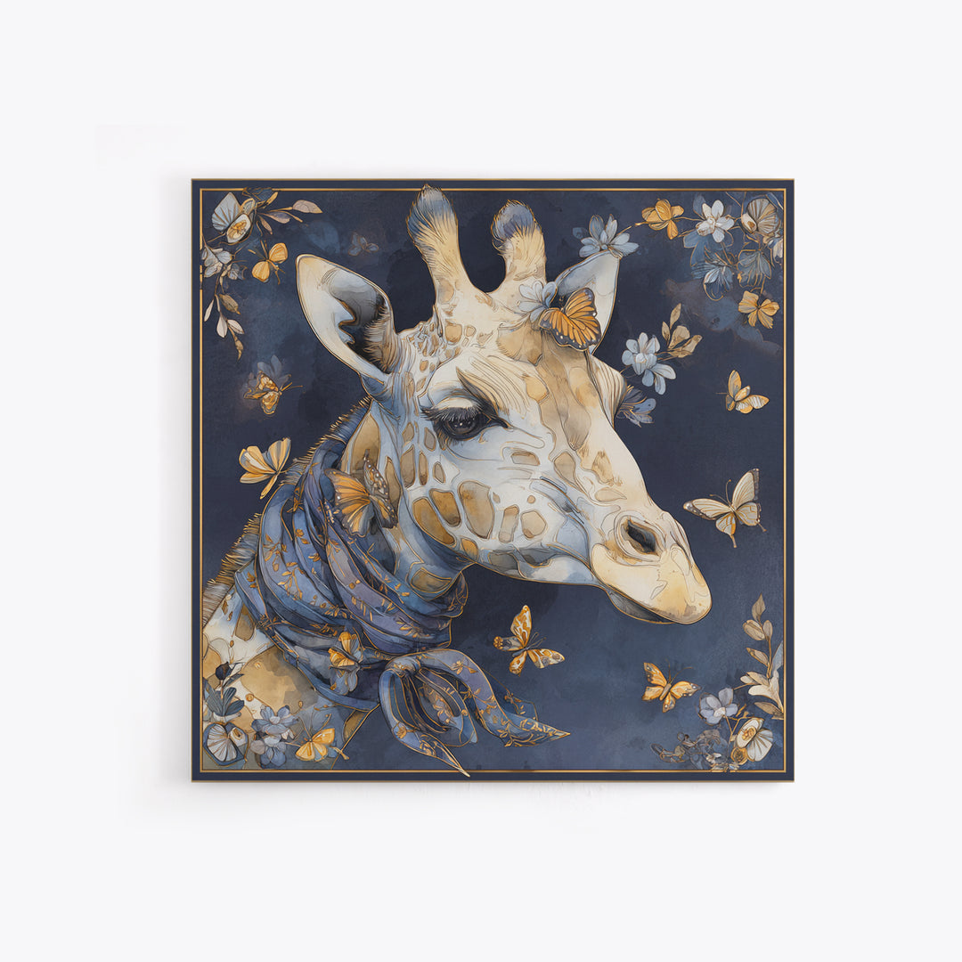 Giraffe with Scarf and Butterflies Framed Canvas Print, Whimsical Art, Watercolor Art, Living Room Decor, Wonder, WHI-1x1-58