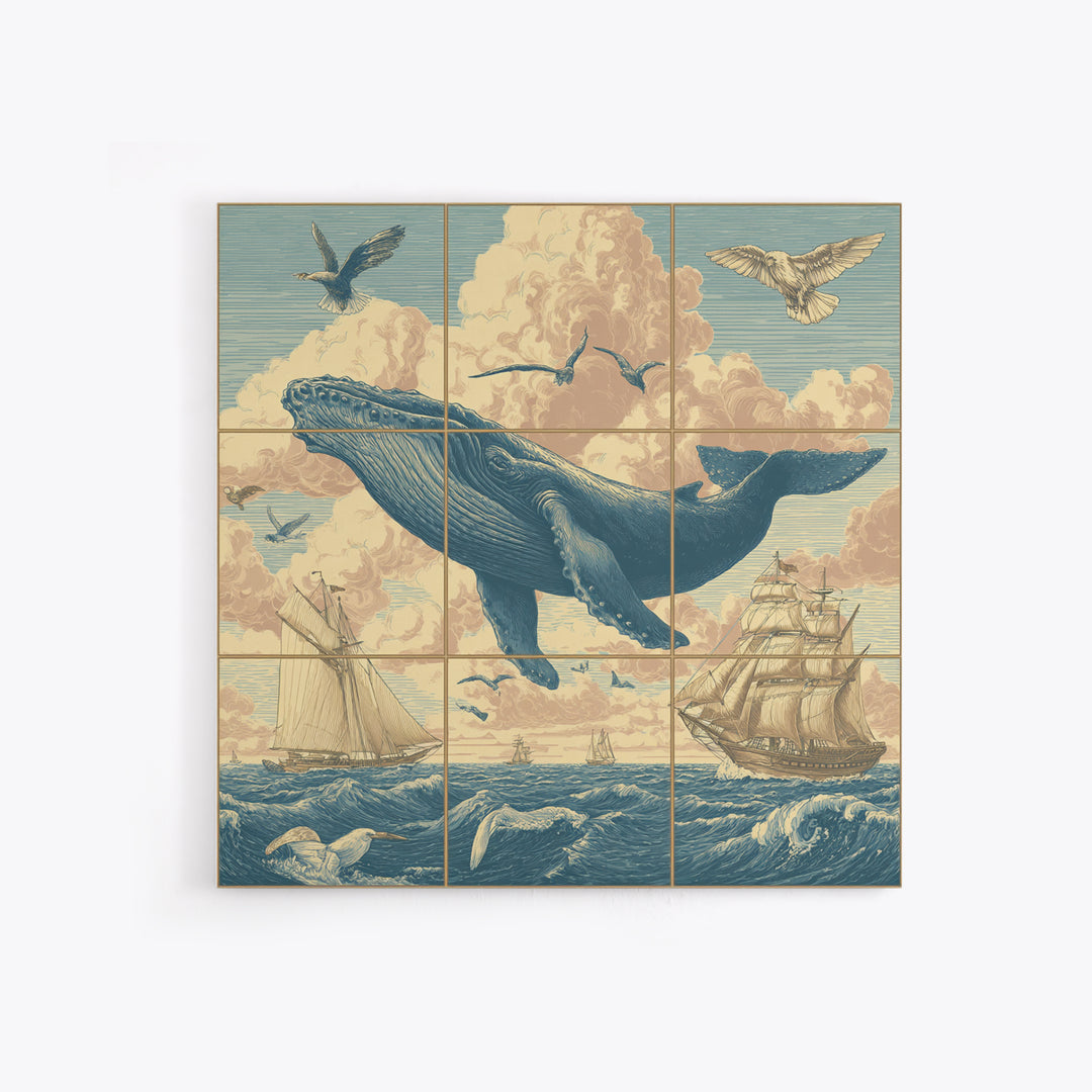 Whale Flying Through Clouds Like Ocean Framed Canvas Print, Whimsical Art, Boho Decor, Living Room Decor, Fine Art, Wonder, WHI-1x1-61