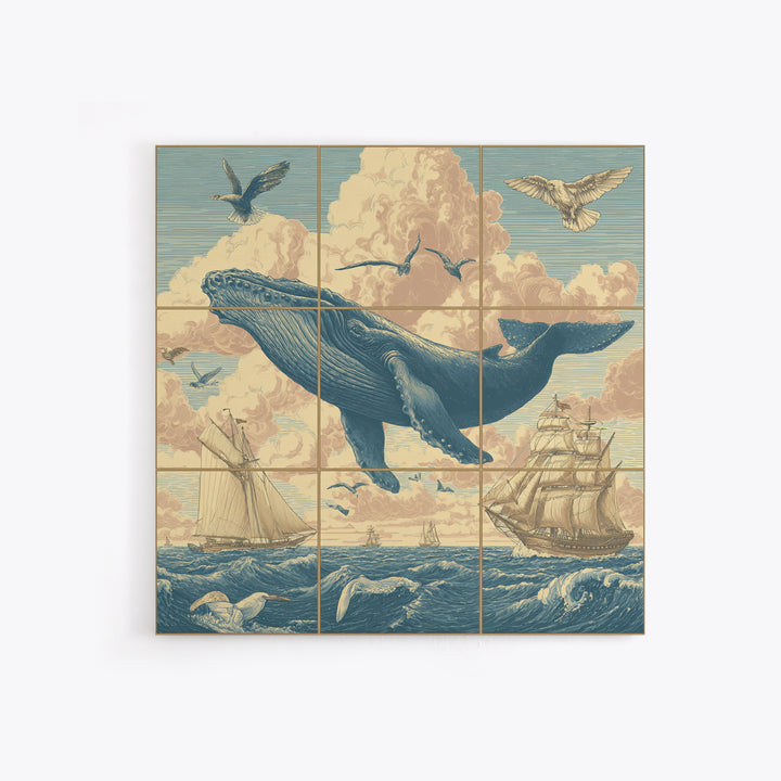 Whale Flying Through Clouds Like Ocean Framed Canvas Print, Whimsical Art, Boho Decor, Living Room Decor, Fine Art, Wonder, WHI-1x1-61