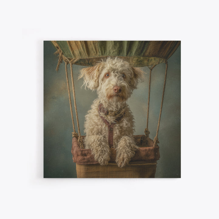 Dog in a Hot Air Balloon Framed Canvas Print, Whimsical Art, Gallery Decor, Living Room Decor, Fine Art, Wonder, Wall Art, WHI-1x1-62