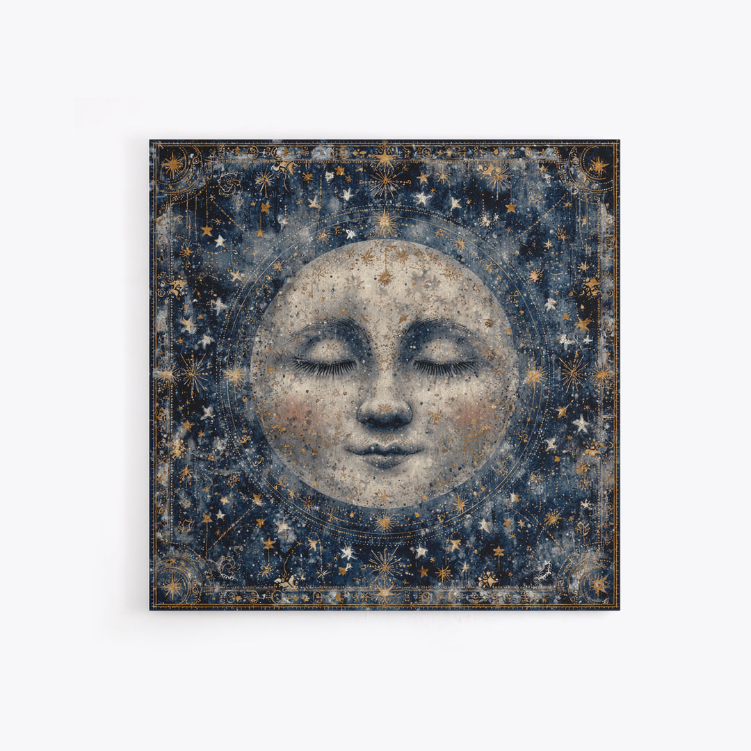 Moon with Sleeping Face and Dangling Stars Framed Canvas Print, Whimsical Art, Living Room Decor, Wonder, Gallery Decor, WHI-1x1-64