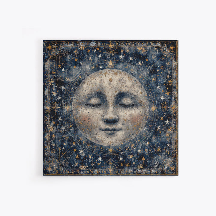 Moon with Sleeping Face and Dangling Stars Framed Canvas Print, Whimsical Art, Living Room Decor, Wonder, Gallery Decor, WHI-1x1-64