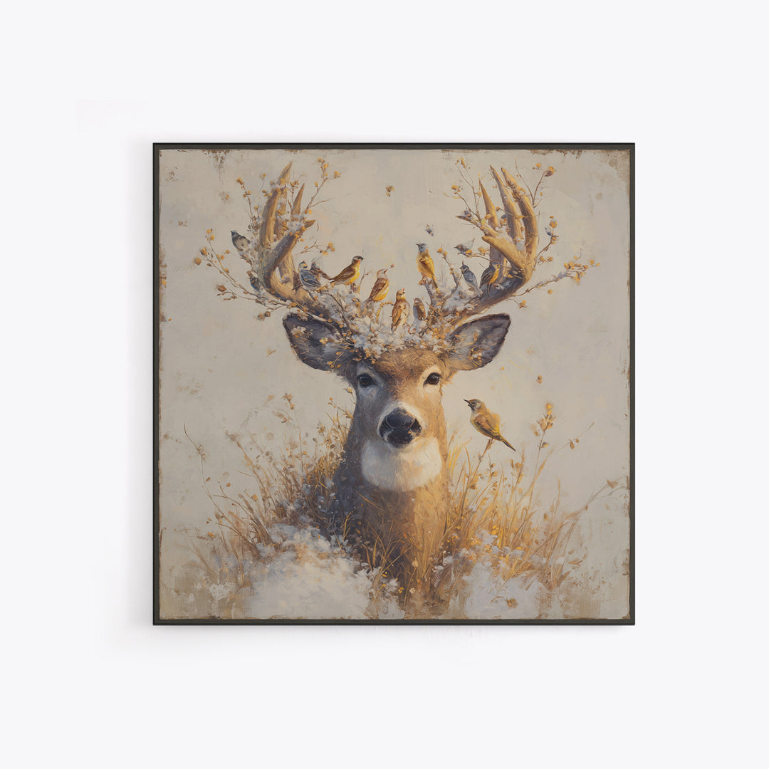 Deer with Antlers Full of Birds Framed Canvas Print, Whimsical Art, Modern Decor, Living Room Decor, Fine Art, Wonder, WHI-1x1-67