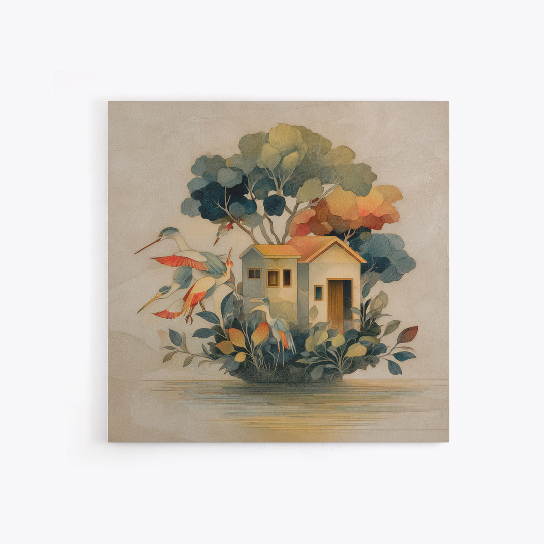 Floating House Carried by Colorful Birds Framed Canvas Print, Whimsical Art, Framed Wall Art, Living Room Decor, Wonder, WHI-1x1-7
