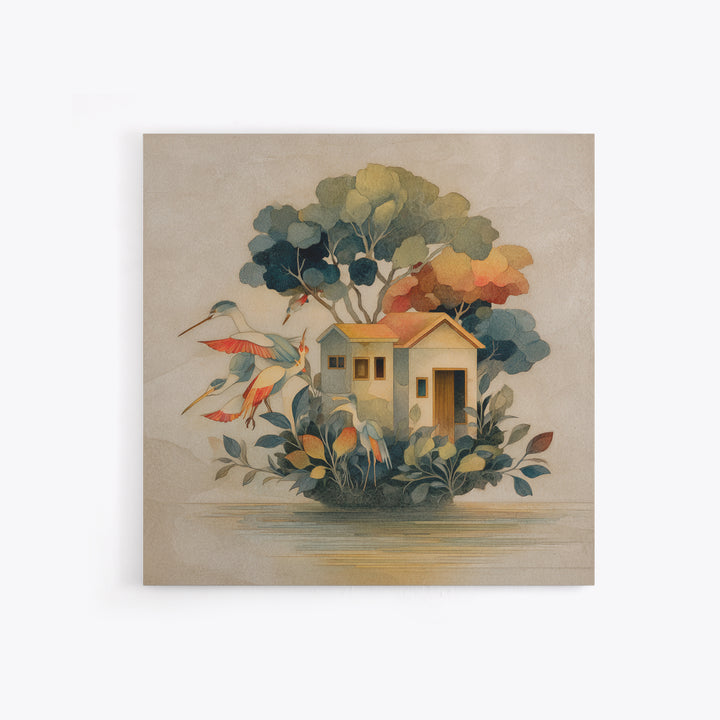 Floating House Carried by Colorful Birds Framed Canvas Print, Whimsical Art, Framed Wall Art, Living Room Decor, Wonder, WHI-1x1-7