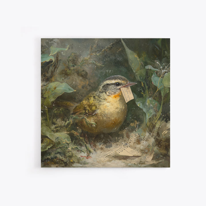 Bird Delivering a Tiny Love Letter Framed Canvas Print, Whimsical Art, Cat Art, Living Room Decor, Fine Art, Wonder, WHI-1x1-71