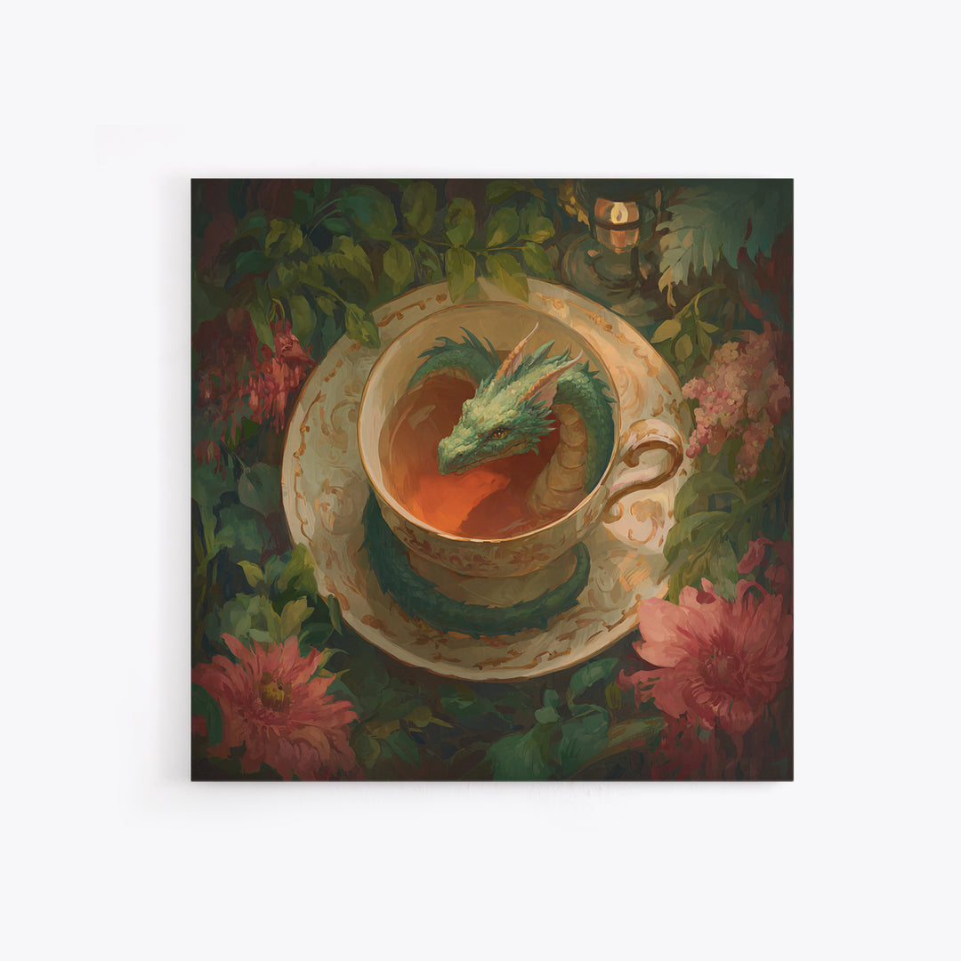 Dragon Curled Around a Teacup Framed Canvas Print, Whimsical Art, Bird Art, Living Room Decor, Abstract Art, Wonder, WHI-1x1-72