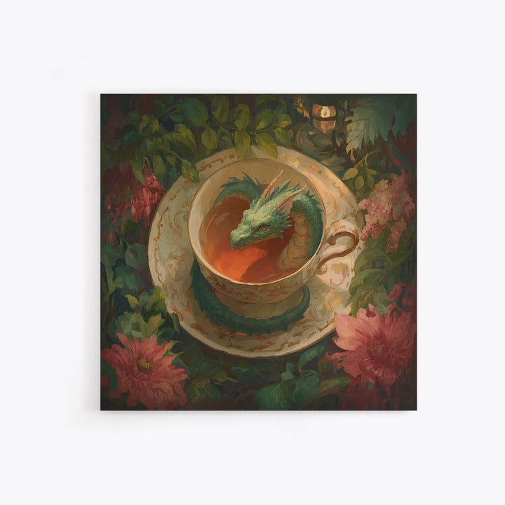 Dragon Curled Around a Teacup Framed Canvas Print, Whimsical Art, Bird Art, Living Room Decor, Abstract Art, Wonder, WHI-1x1-72