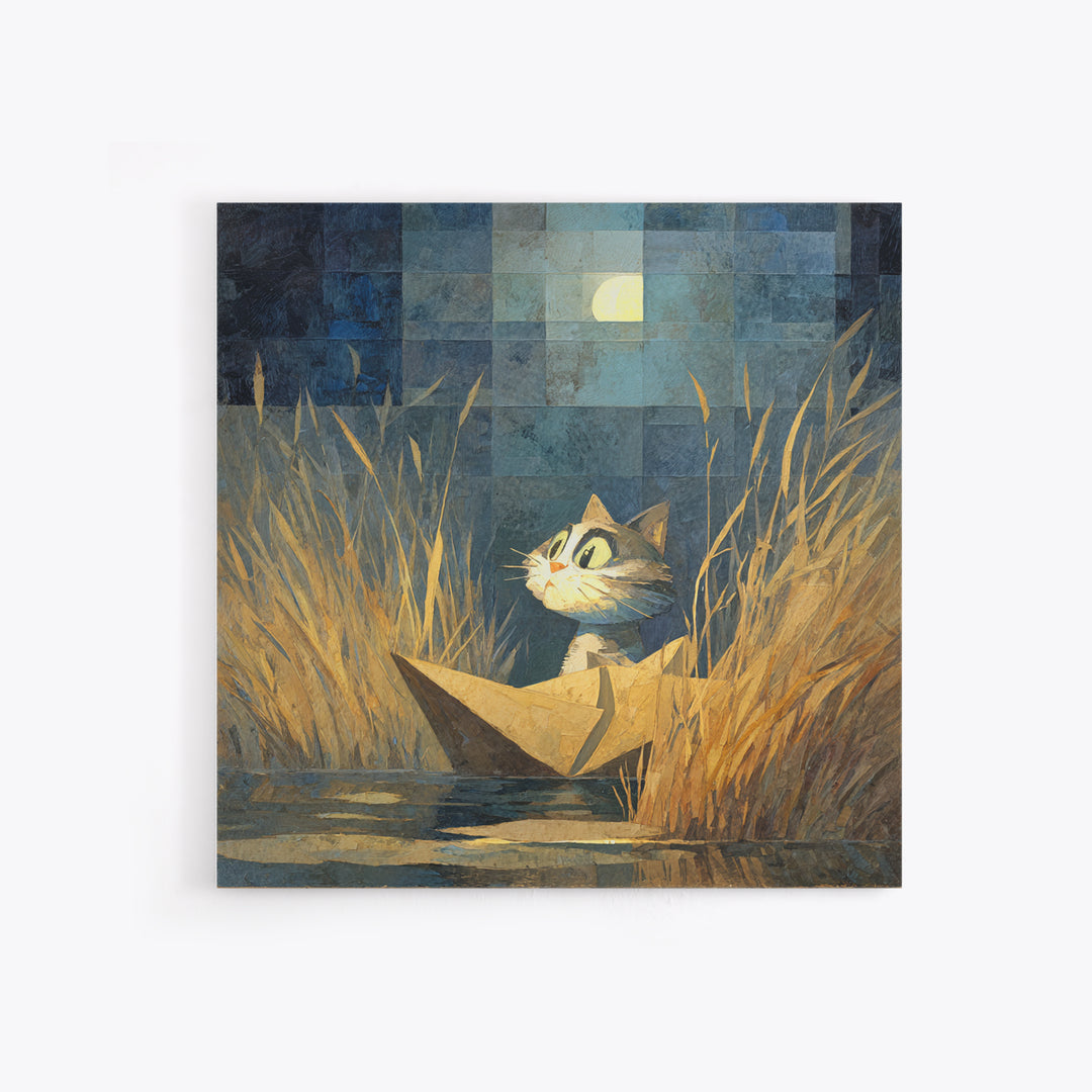Cat Sailing a Paper Boat Framed Canvas Print, Whimsical Art, Fine Art Print, Living Room Decor, Fine Art, Wonder, Prints, WHI-1x1-74