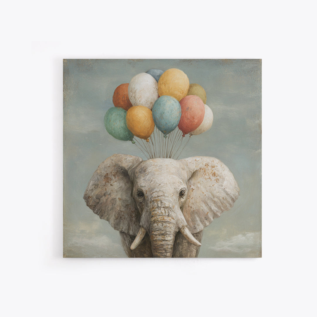 Elephant Holding Balloons Canvas Print, Whimsical Art, Statement Artwork, Living Room Decor, Fine Art, Wonder, Art Print, WHI-1x1-75