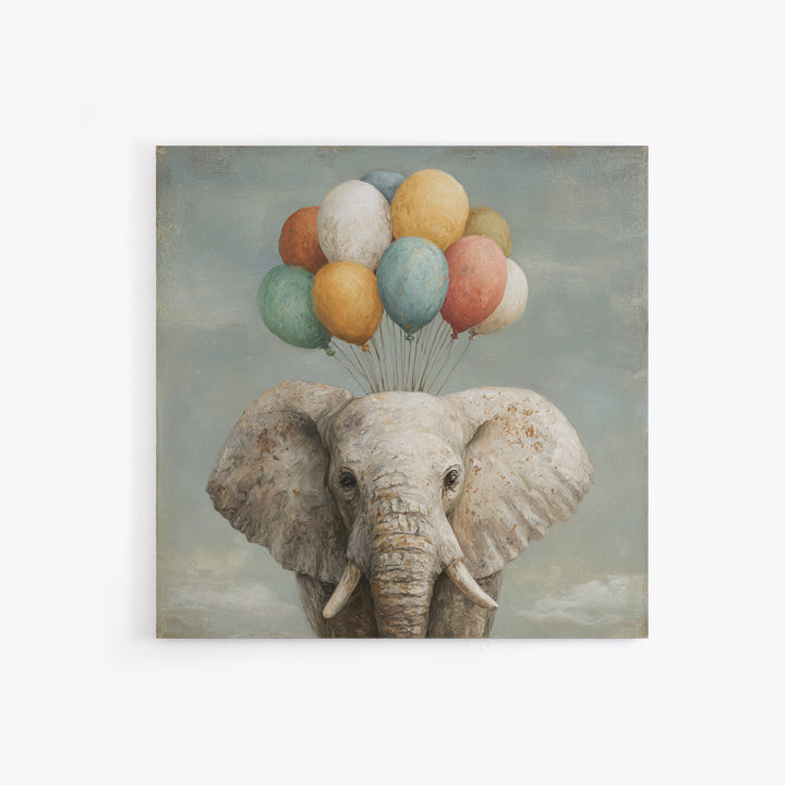Elephant Holding Balloons Canvas Print, Whimsical Art, Statement Artwork, Living Room Decor, Fine Art, Wonder, Art Print, WHI-1x1-75