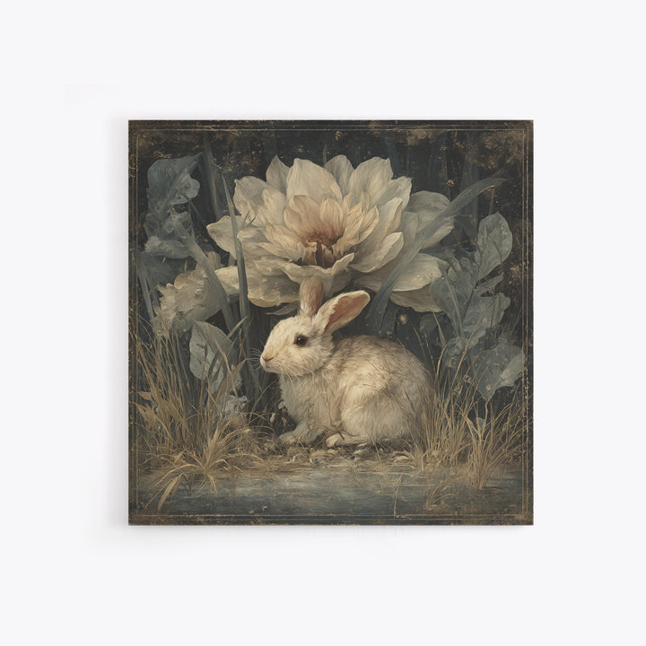 Rabbit Reading Beneath a Giant Flower Canvas Print, Whimsical Art, Wall Decor, Living Room Decor, Wonder, Printable Art, WHI-1x1-77