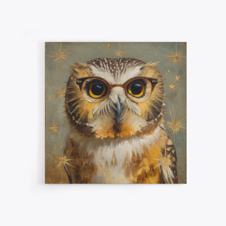 Owl Wearing Spectacles Among Stars Framed Canvas Print, Whimsical Art, Statement Artwork, Living Room Decor, Fine Art, Wonder, WHI-1x1-78