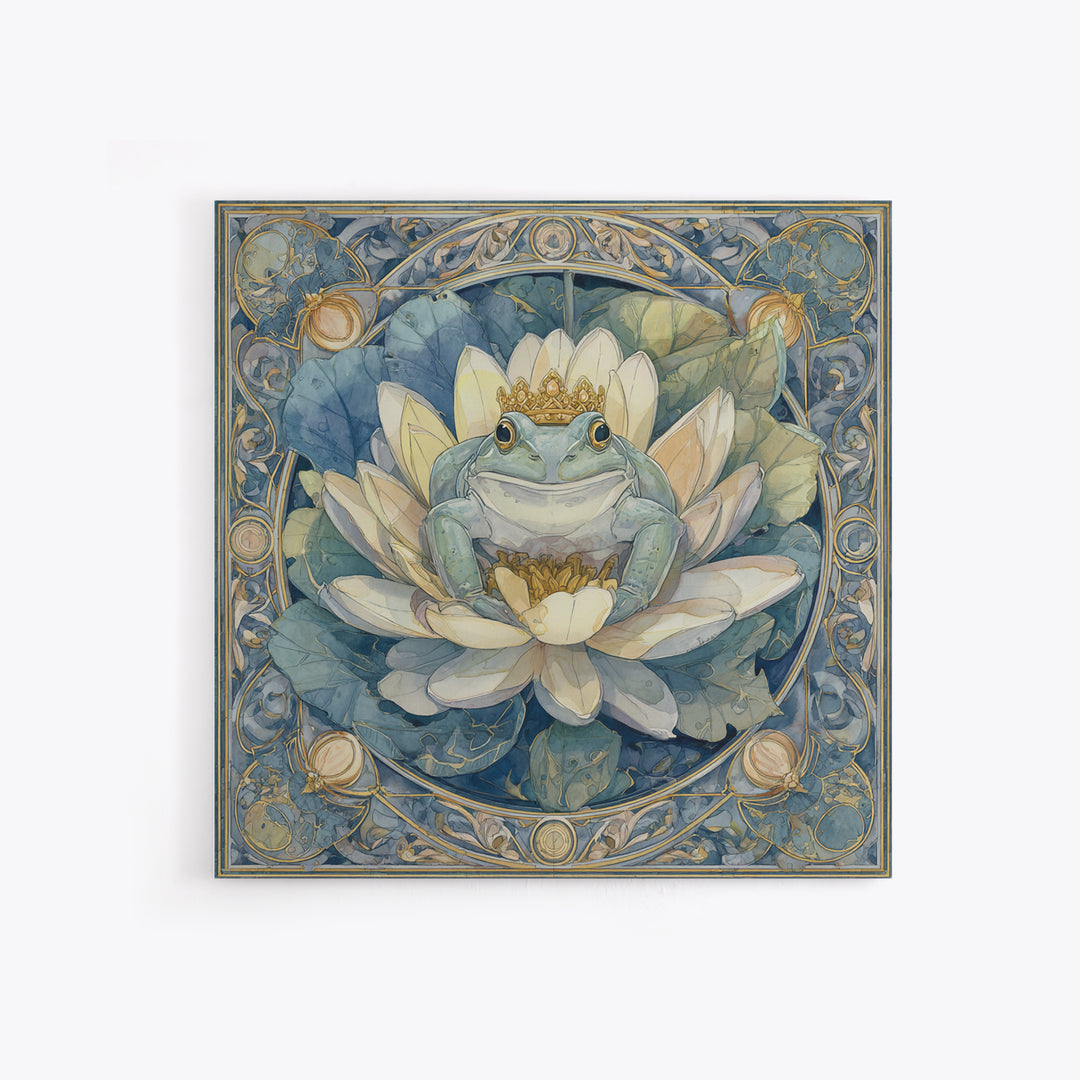 Frog Prince on a Lily Pad Framed Canvas Print, Whimsical Art, Oil Painting, Living Room Decor, Wonder, Dark Academia Decor, WHI-1x1-8