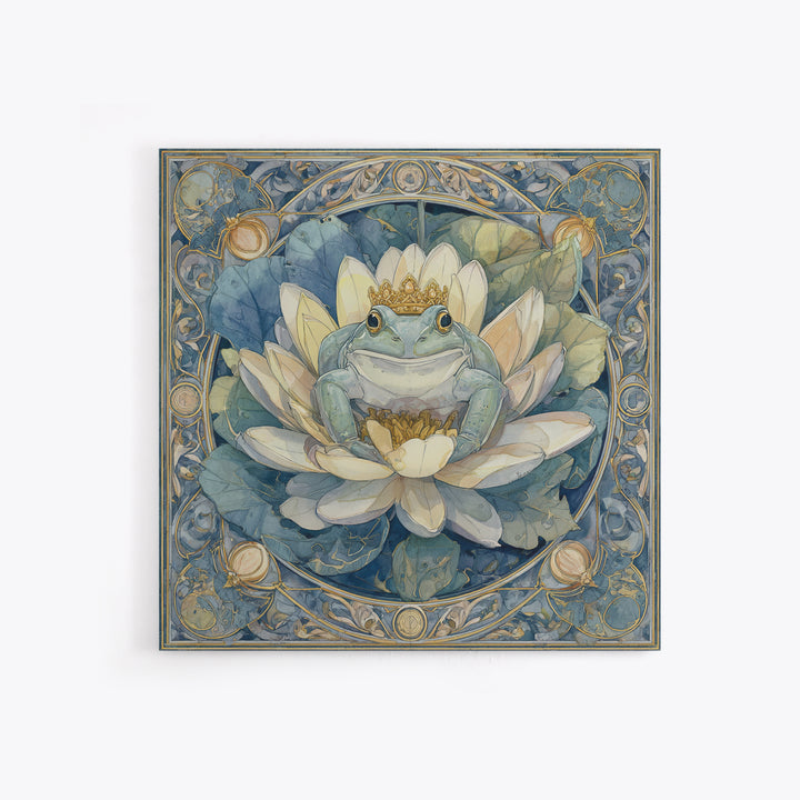 Frog Prince on a Lily Pad Framed Canvas Print, Whimsical Art, Oil Painting, Living Room Decor, Wonder, Dark Academia Decor, WHI-1x1-8