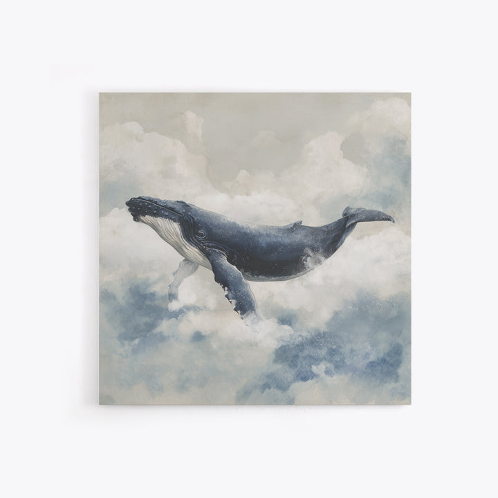 Whale Flying Through Clouds Like Ocean Canvas Print, Whimsical Art, Minimalist Decor, Living Room Decor, Oil Painting, Wonder, WHI-1x1-85