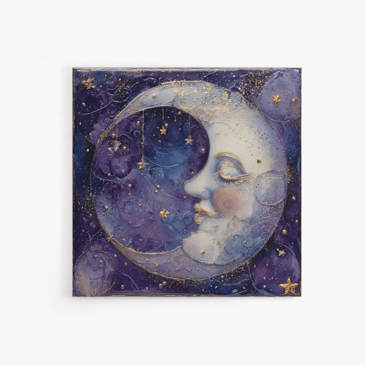 Moon with Sleeping Face and Dangling Stars Framed Canvas Print, Whimsical Art, Minimalist Decor, Living Room Decor, Wonder, WHI-1x1-88