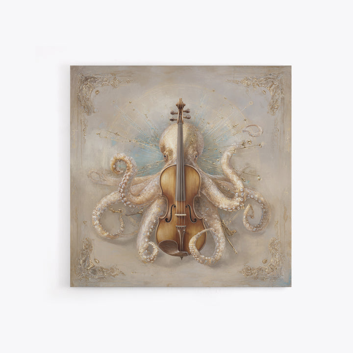 Octopus Conductor with Tiny Instruments Canvas Print, Whimsical Art, Neutral Decor, Living Room Decor, Fine Art, Wonder, WHI-1x1-90