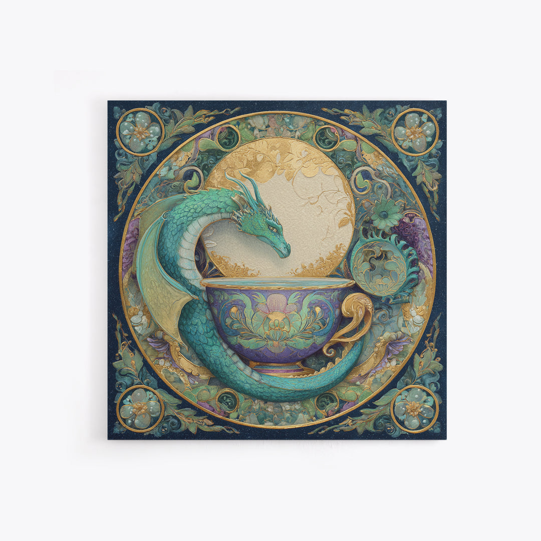 Dragon Curled Around a Teacup Framed Canvas Print, Whimsical Art, Pet Portrait, Living Room Decor, Wonder, Abstract Wall Art, WHI-1x1-96