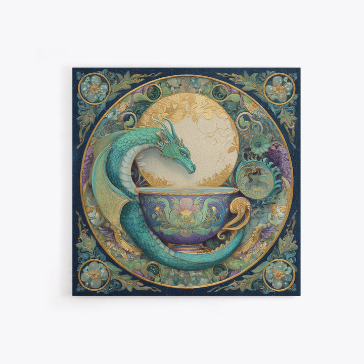 Dragon Curled Around a Teacup Framed Canvas Print, Whimsical Art, Pet Portrait, Living Room Decor, Wonder, Abstract Wall Art, WHI-1x1-96