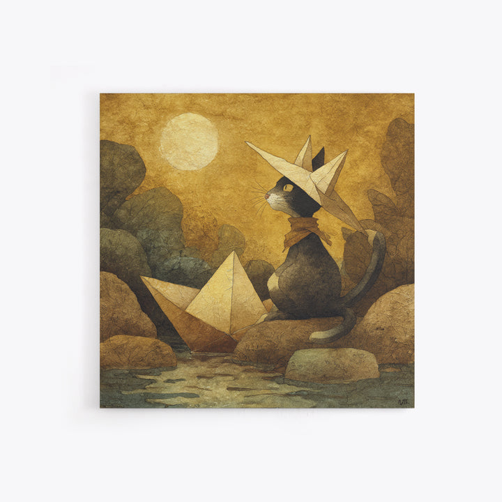 Cat Sailing a Paper Boat Canvas Print, Whimsical Art, Textured Painting, Living Room Decor, Fine Art, Wonder, Nursery Decor, WHI-1x1-98