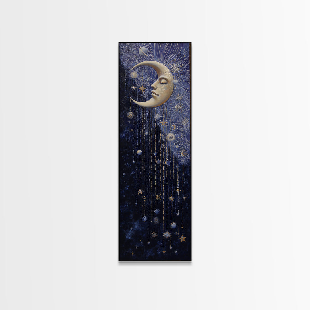 Moon with Sleeping Face and Dangling Stars Canvas Print, Whimsical Art, Nursery Art, Living Room Decor, Fine Art, Wonder, WHI-1x3-100