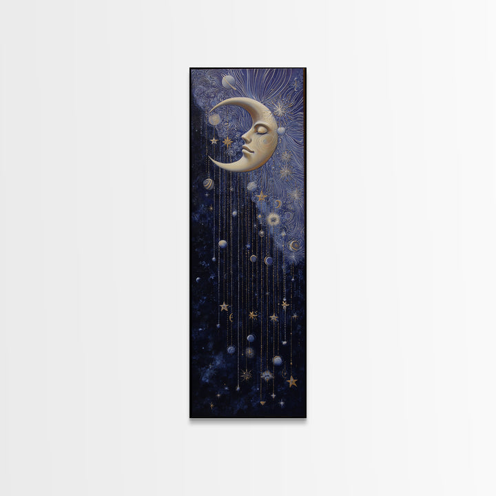 Moon with Sleeping Face and Dangling Stars Canvas Print, Whimsical Art, Nursery Art, Living Room Decor, Fine Art, Wonder, WHI-1x3-100