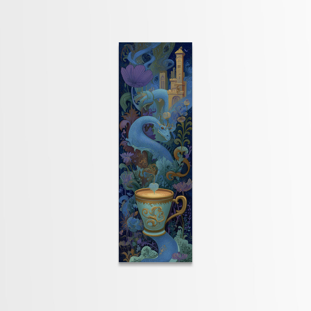 Dragon Curled Around a Teacup Canvas Print, Whimsical Art, Wall Art, Living Room Decor, Oil Painting, Wonder, Framed Wall Art, WHI-1x3-12
